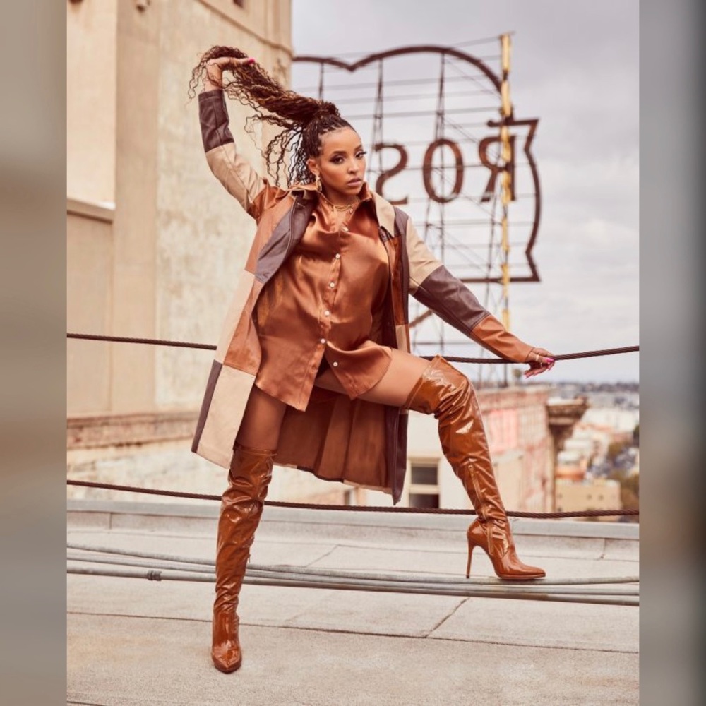 Camel Patent Thigh High Boots (Wide Calf) - Picture 4 of 6